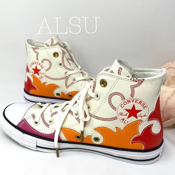 Converse Ctas Leather High Top Egret Red Orange🍊W - Picture 5 of 8